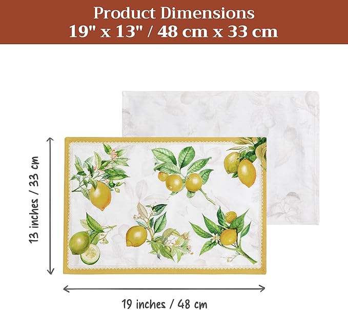Maison d' Hermine Placemats Set of 4 100% Cotton Washable Cloth Place Mats Reusable Table Mats for Kitchen Dining Party Wedding Gifts for Mothers Day Spring/Summer (Limoncello, 13" x 19")