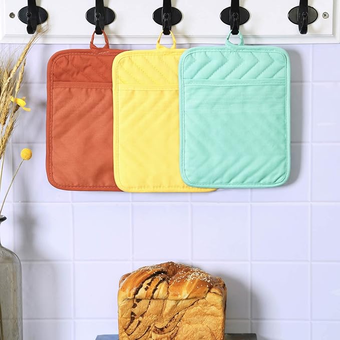 Anyi Pot Holders and Oven Mitts 7" X 9" Heat Resistant Cotton Pocket Pot Holder Set Feature of Non Slip Kitchen Hot Pad Oven Mitts, 3-Pack (Aspen Gold)