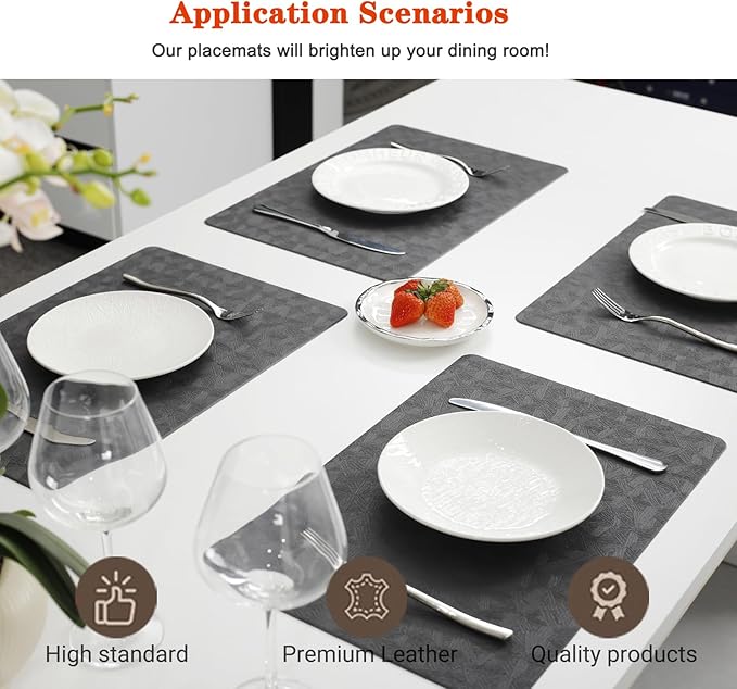 Vinyl Placemats Set of 6 Heat Resistant Easy Clean Non-Slip Place Mats for Dining Table Faux Leather Waterproof Stain Resistant Wipeable Washable PVC Table Mats(6, Gray)