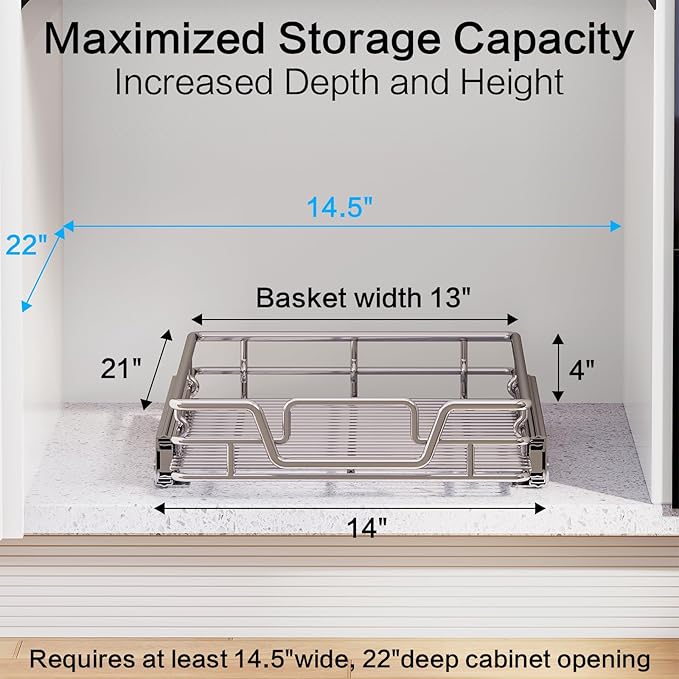 Kitchen Cabinet Pull Out Shelf and Drawer Organizer Slide Out Pantry Storaqe Basket in Multiple Sizes (14" W x 21",1 Tier)