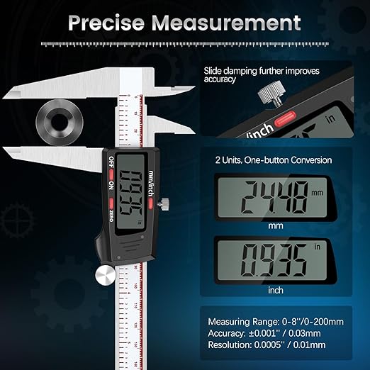 Housolution Digital Caliper 8 Inch, Caliper Measuring Tool with Large LCD Screen, 4 Measuring Ways, Inch/MM, Auto-Off LCD Stainless Steel Micrometer Vernier Caliper