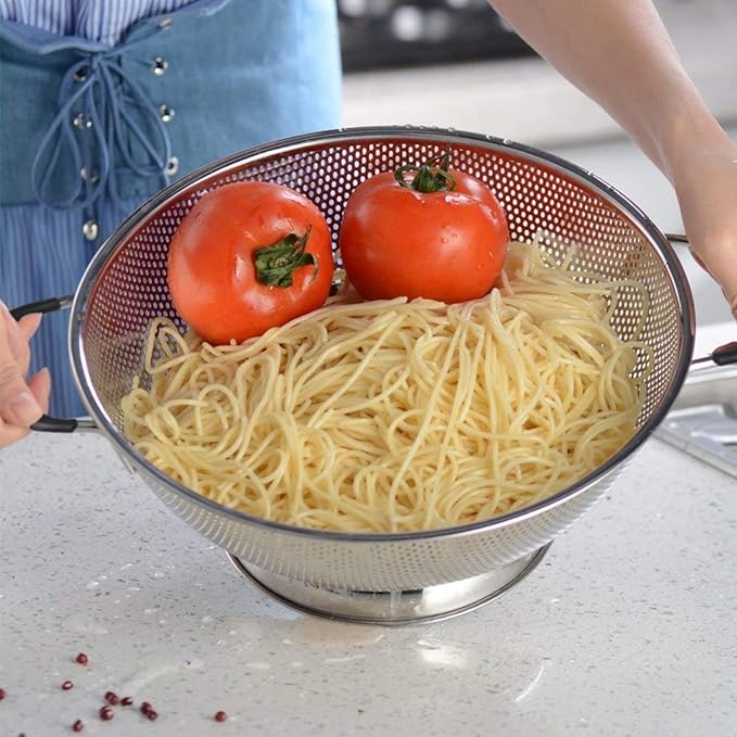 5 Qt Colander 18/8 Stainless Steel Colander Silicone Handle Easy Grip Micro-Perforated Strainer Heavy Duty and Self-draining Solid Ring Base BPA Free Dishwasher Safe - Black