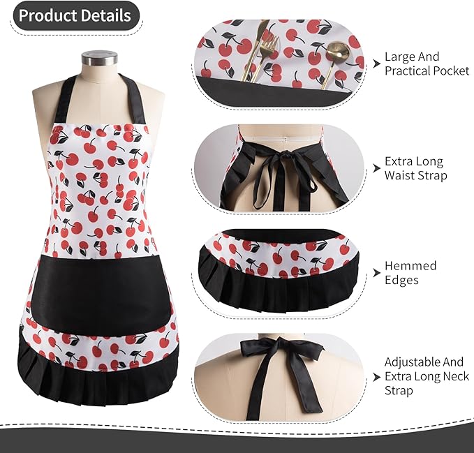 Vintage Floral Apron for Women with Functional Pockets Adjustable Neck Strap for Cooking Baking Mother's Gift