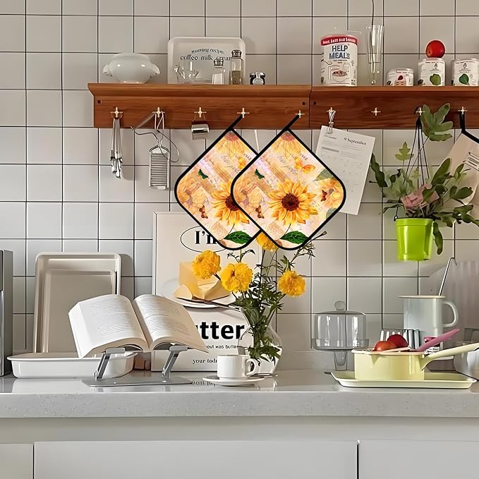 Sunflower Floral Pot Holders Set of 2,Kitchen Heat Resistant Potholder for Microwave Cooking Baking Oven and BBQ