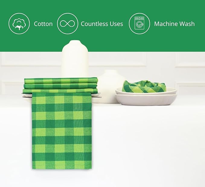 PurpleEssences Buffalo Plaid Cloth Napkins - Mitered Corners - St Patricks Day Summer - Gingham Check Dinner Napkin - Set of 12-100% Cotton - 18x18 Inch - Reusable Washable - St Patricks Green