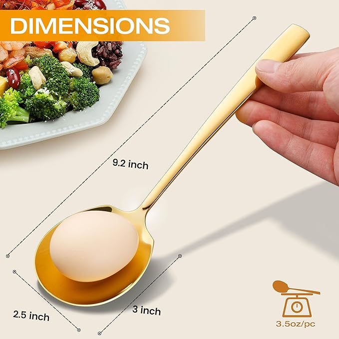 Stainless Steel Serving Spoons Set, 9.2-Inch Large Slotted Spoon x 4, Serving Spoon x 4, Big Serving Utensils Set for Buffet, Parties, Catering (4 Slotted & 4 Solid, Gold)