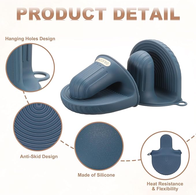 uxcell 2 Pcs Silicone Oven Mitts, Heat Resistant Mini Oven Gloves Silicone Pot Holders Mini Finger Protector Cooking Pinch Grips for Air Fryer Kitchen Cooking & Baking, Dark Blue