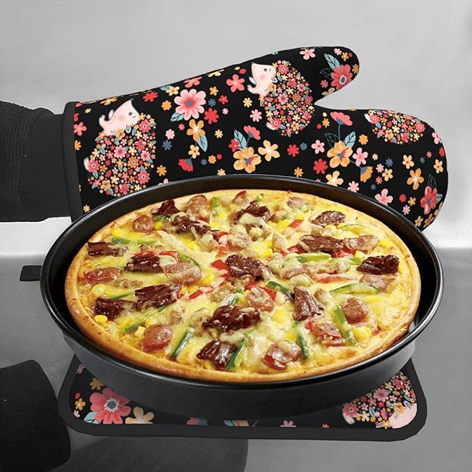 Flowers and Cute Hedgehogs Oven Mitts and Pot Holders Heat Resistant Oven Mitts Safe for Baking Cooking BBQ