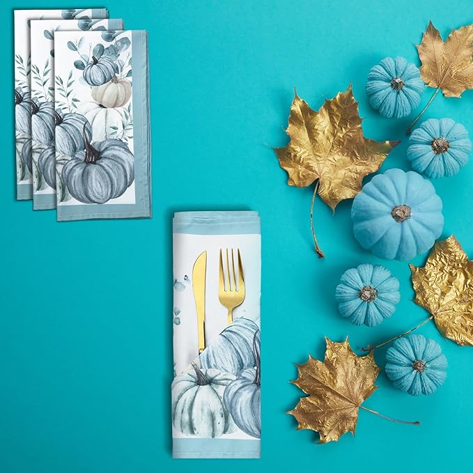 Qeeenar 12 Pcs Fall Cloth Napkin 20 x 20 Inch Blue Pumpkin Cloth Napkins Thanksgiving Autumn Harvest Pumpkin Buffalo Plaid Party Dinner Washable Decoration