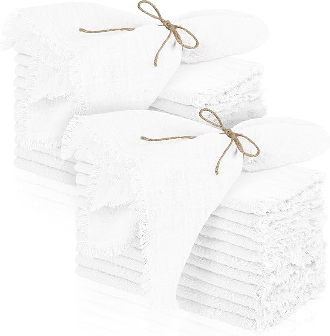 TURSTIN 24 Pieces Cotton Linen Cloth Napkin Handmade Cloth Napkin with Fringe 17 x 17 Inch Soft Cloth Dinner Wedding Napkin Square Rustic Fringe Table Napkin for Parties, Weddings, Ivory White