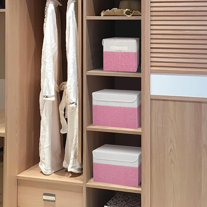 Bagnizer Large 22 Quart Linen Fabric Foldable Storage Bin Cube Organizer Basket with Flip-Top Lid & Handles, Clothes Blanket Box for Home, Office, Closet, Pink & White, 4 Pack 14.6 x 9.5 x 9.5