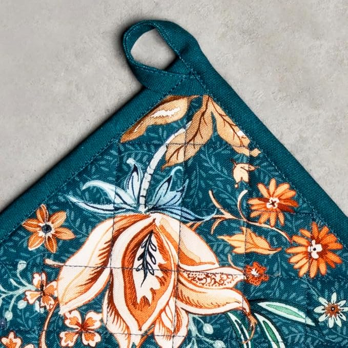 Maison d' Hermine Pot Holders Set 100% Cotton Heat Resistant Potholders 8" x 8" Hot Pads with Loop for Thanksgiving Christmas Decorations Baking Handling Hot Pans (Pack of 2, Luxury Loft - Dark Teal)