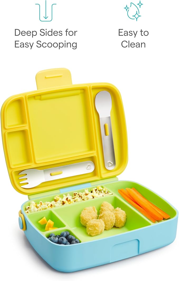Munchkin Lunch Bento Box for Kids and Toddlers, Includes Stainless Steel Utensils, BPA-Free, 18 Months and Up, Blue/Green/Yellow