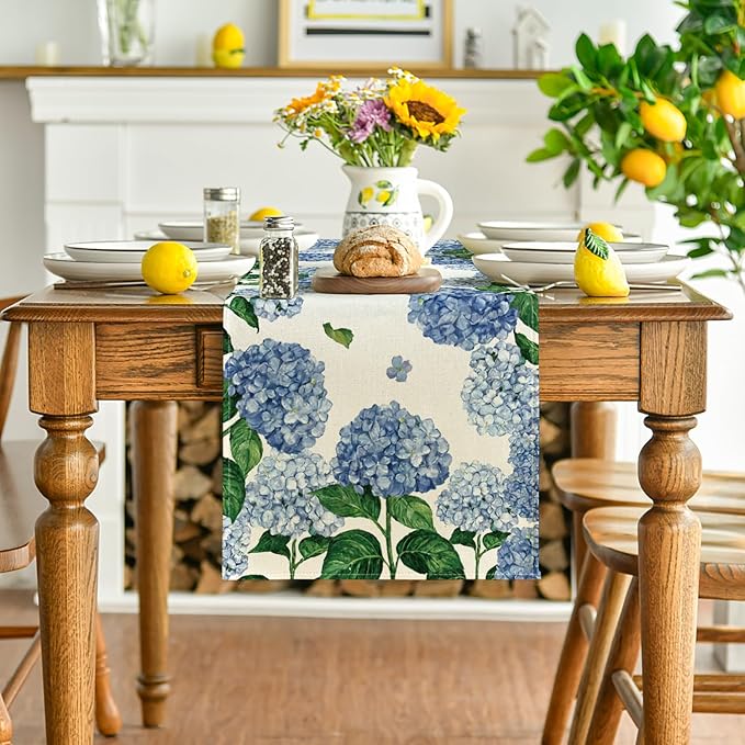 Artoid Mode Watercolor Hydrangea Table Runner, Spring Summer Seasonal Kitchen Dining Table Decoration for Indoor Outdoor Home Party Decor 13 x 36 Inch