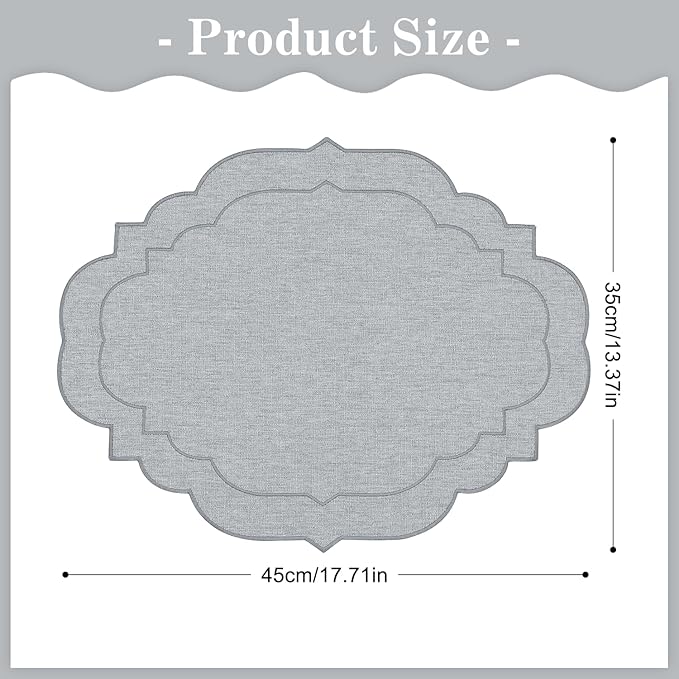 Cotton Linen Oval Placemats Set of 4, HADEEONG Table Mats Cloth Placemats, Washable Wrinkle Resistance, Scalloped & Embroidered Fabric Placemats, 17.71 x 13.77inch (Light Grey, 4)