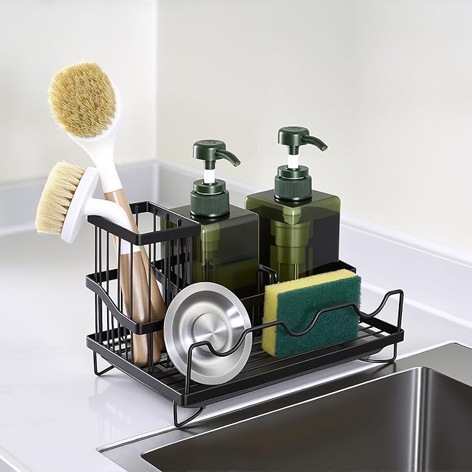Sink Caddy & Organizer with Drain Tray, Countertop Holder for Sponges, Dishwashing Liquid, Long Handle Scrubber Compartment - Black