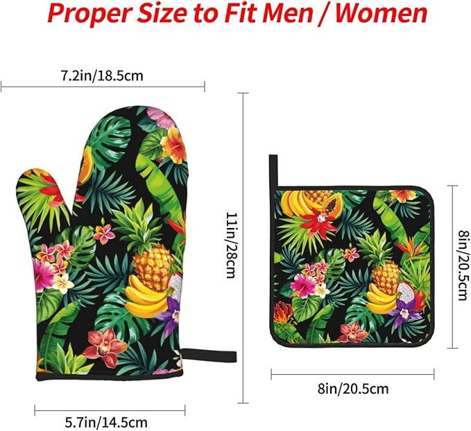 Tropical Fruit Pineapple, Palm Leaves and Flowers Oven Mitts and Potholders Professional Heat Resistant Cotton Oven Mitts Kitchen Gloves 4 Piece Set