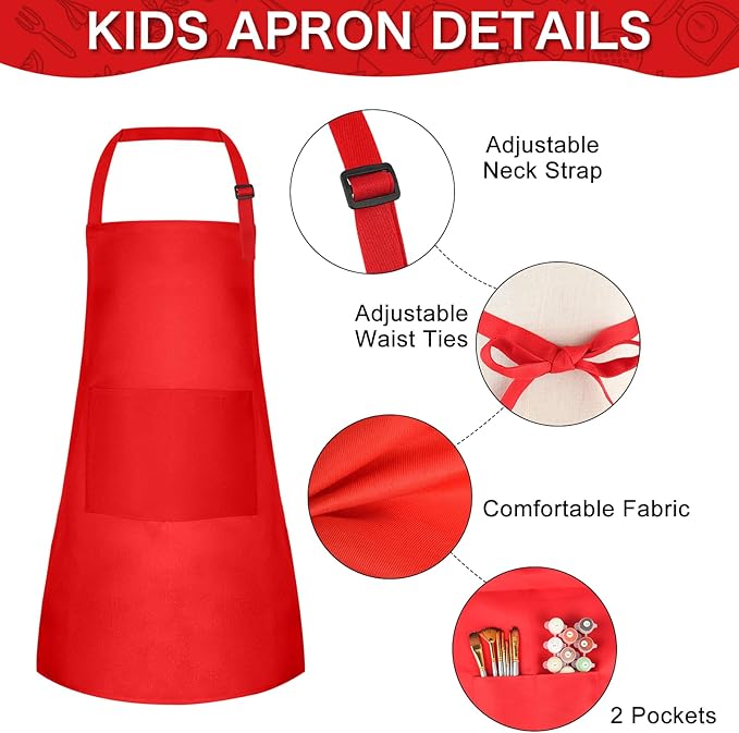 PLULON 15Pcs Kids Aprons Bulk Painting Apron for Kids, Paint Art Apron Adjustable Children Chef Aprons with 2 Pockets for Girls Boys Painting Baking Cooking Crafsting (Red)