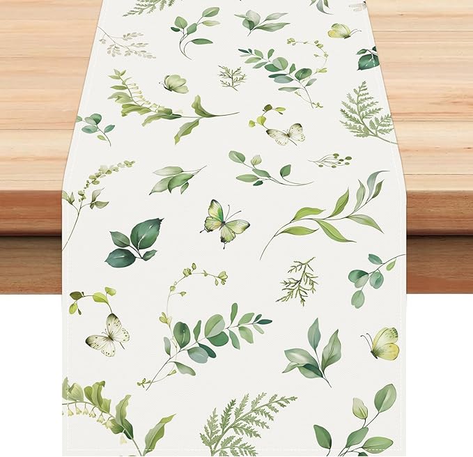 Bonhause Green Eucalyptus Leaves Table Runner 13x90 Inch Greenery Spring Plants Butterfly Seasonal Summer Kitchen Dining Table Decoration for Indoor Outdoor Home Party Decor