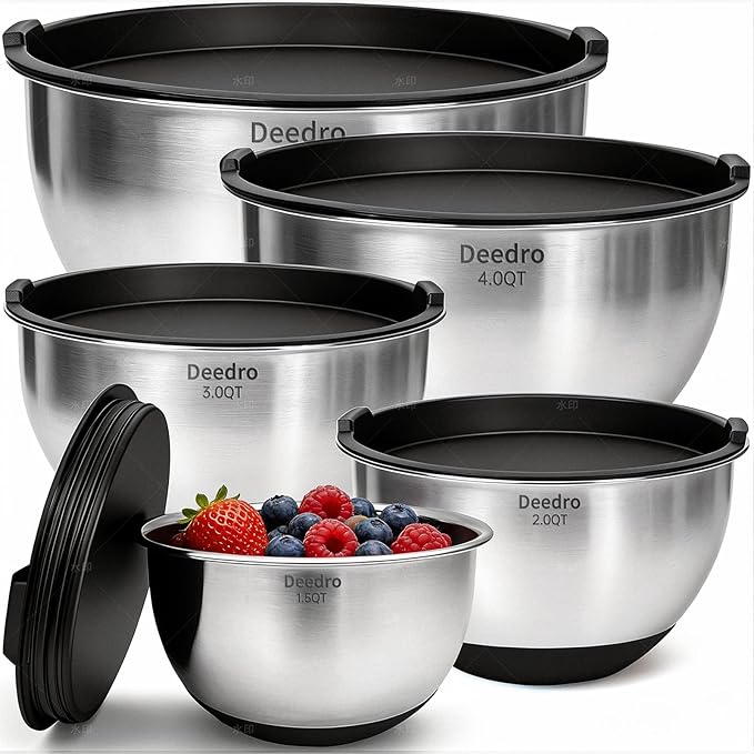 Deedro Premium Mixing Bowls with Airtight Lids Set, 22Pcs Thicker Stainless Steel Mixing Bowl Set, Large Prep Metal Bowls, Non-Slip Silicone Base Nesting Bowls for Kitchen, 1.5/2/3/4/5 QT, Black