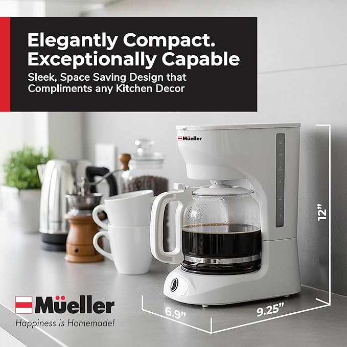 MUELLER HOME 12-Cup White Coffee Maker - Borosilicate Carafe, Auto-Off, Reusable Filter, Anti-Drip, Keep-Warm Function, Clear Water Level Window, White Kitchen Accessories