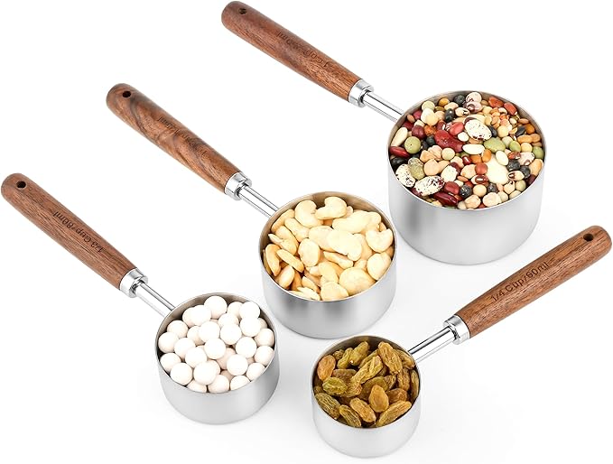 Smithcraft Measuring Cups and Spoons Set 8, 18/8 Stainless Steel Measuring Cups and Spoons Set for Baking and Kitchen, Metric & US Metal Measure Cup & Spoon with Wood Handle for Dry & Liquid