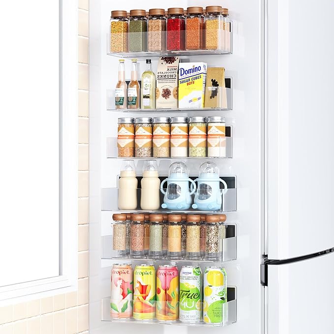 Mystozer Magnetic Spice Rack for Refrigerator, Kitchen Organizer and Storage Shelf, Clear (6 Pack)…