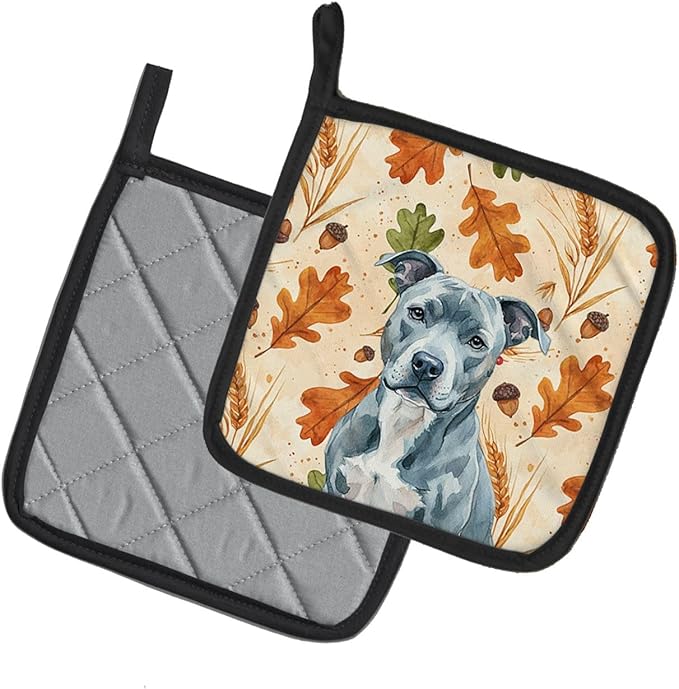 Caroline's Treasures Blue American Staffordshire Terrier Heirloom Fall Pair of Pot Holders Pair 7.5x7.5 Quilted Insulated Hot Pads Decorative Kitchen Gift Made in USA