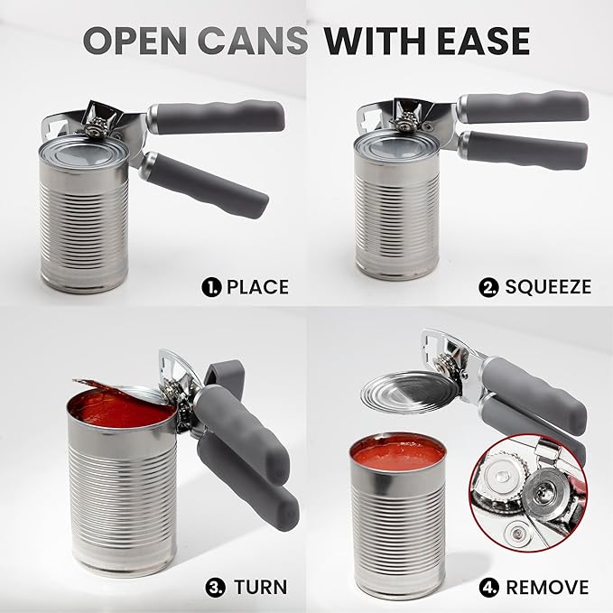 Zulay Kitchen Heavy Duty Stainless Steel Can Opener Manual with Bottle Opener - Rust Proof Manual Can Opener With Turn Knob & Comfy Soft Grip Handles - Gray