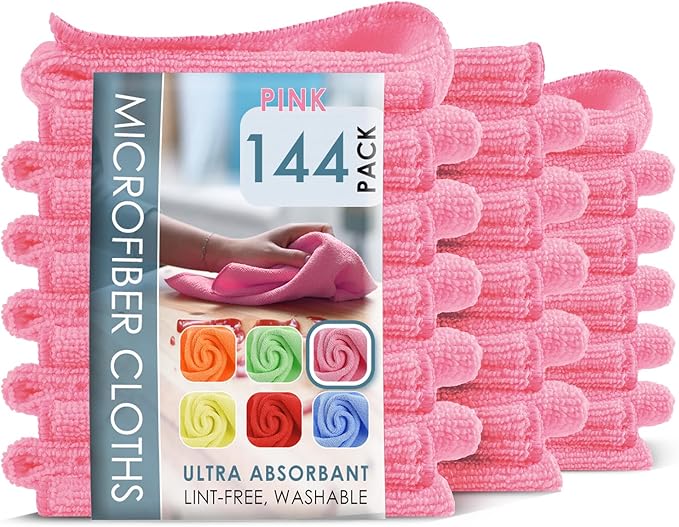 Hearth & Harbor Microfiber Cleaning Cloth, Towels for Cars 144 Pack Washcloths, Pink Rags, Reusable Towel, Cloth Rags Cleaning, Lint Free 12''x12''