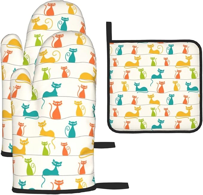 Mid Century Modern Cats Oven Mitts and Pot Holders Set Heat Resistant Cute Oven Gloves for BBQ Baking Grilling Cooks Kitchen Decor 3 Piece