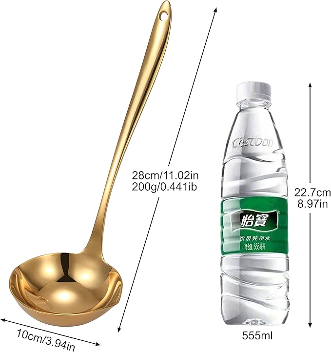 4.Oz 18/10 Stainless Steel Kitchen Ladle Cooking Utensils with 11.8-Inch Handle,Heavy Duty Serving Large Soup Spoon,Dishwasher Safe(Gold)