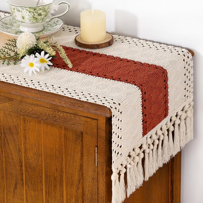 Socomi Boho Table Runner Easter Spring Farmhouse Rustic Dining Kitchen Small Macrame Woven Cotton Linen Coffee Table Runner for Dresser Scarf Home Decor 12x36 inch Terracotta Ivory