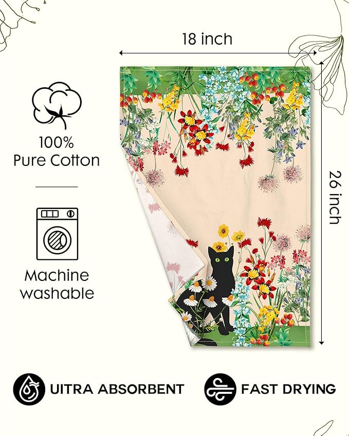 Miss Adola Flour Sack Kitchen Towels - Set of 2 Spring Dish Towels with Hanging Loop 18x26 Inch Absorbent Reusable Cotton Cloths for Cleaning Cute Design Home Decorative Housewarming, Flower Cats