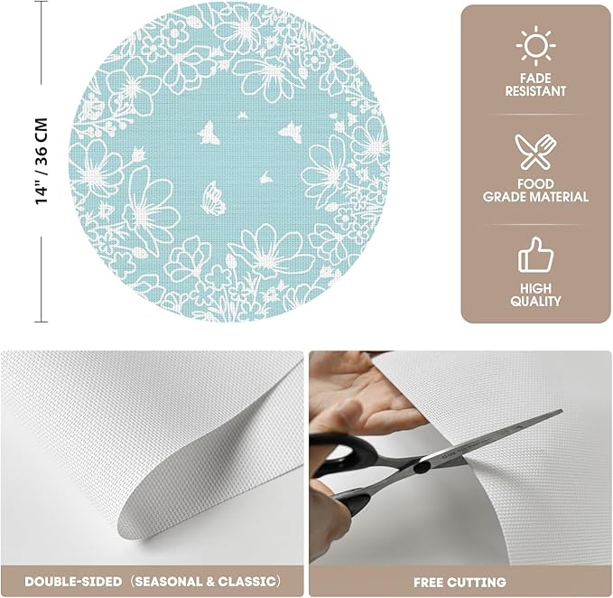 Artoid Mode Blue Leaves Vinyl Round Placemats Set of 4, 14 Inch Washable Non-Slip Heat Resistant Woven Plastic Spring Table Mats for Party Kitchen Dining Decor
