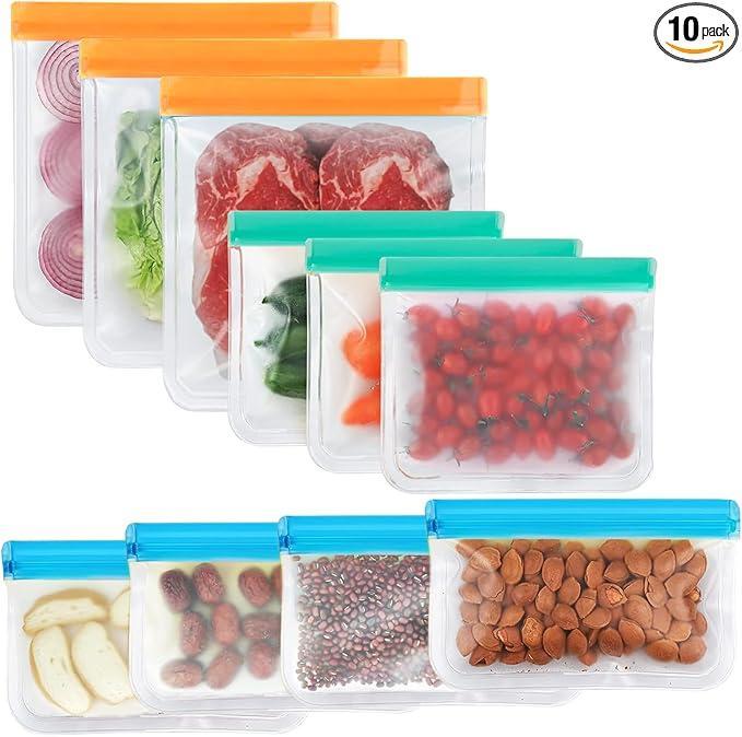 10 Pack Reusable Snack Bags, Extra Thick BPA Free, Dishwasher & Freezer Safe Food Storage Bags for Lunch, Snacks & Home Organization (Multicolor, 10 Pack-3 Gallon 3 Sandwich 4 Snack)