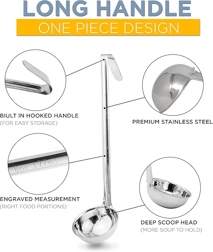 Fit Meal Prep Stainless Steel Soup Ladle One-Piece Sauce Spatula with Hook Handles, Commercial Grade Serving Spoon, Kitchen Tool for Restaurant or Home Cooking [Pack of 4] - 4oz, 6oz, 8oz, 12oz