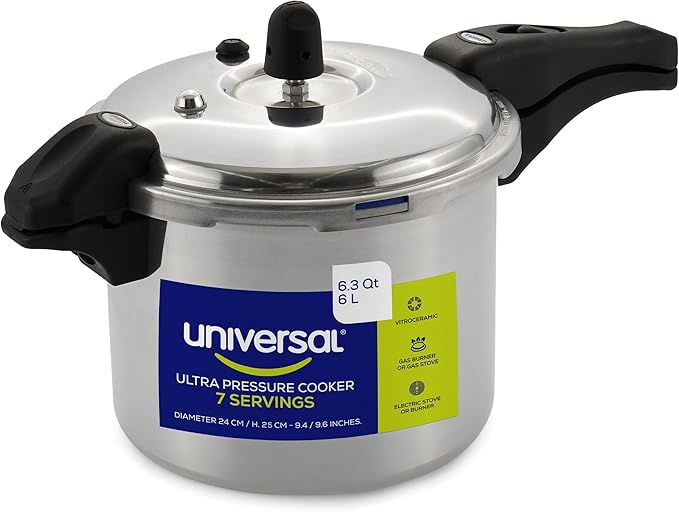 Universal (6.3 Quart / 6 Liter) Ultra Pressure Cooker, Pressure Pot with 6 Safety Systems, Aluminum Pressure Cooker for 7 Servings, Even Heat Distribution, Diameter 9.4 inches, Height 9.6 inches