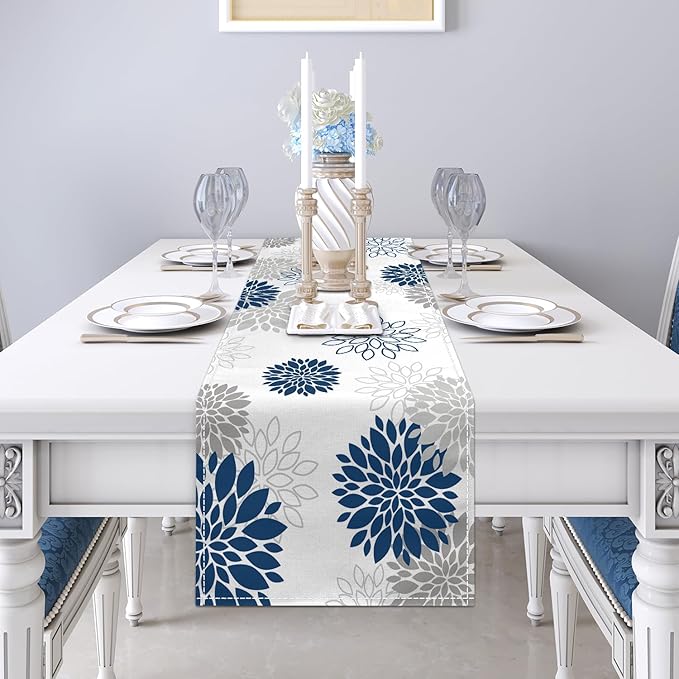 Dahlia Flower Table Runner 13x90 Inch Farmhouse Blue Gray Runners Modern Table Decorations Rustic Geometric Coffee Table Runner for Home Kitchen Dining Room Party (13"x90", Dahlia Floral-Blue)