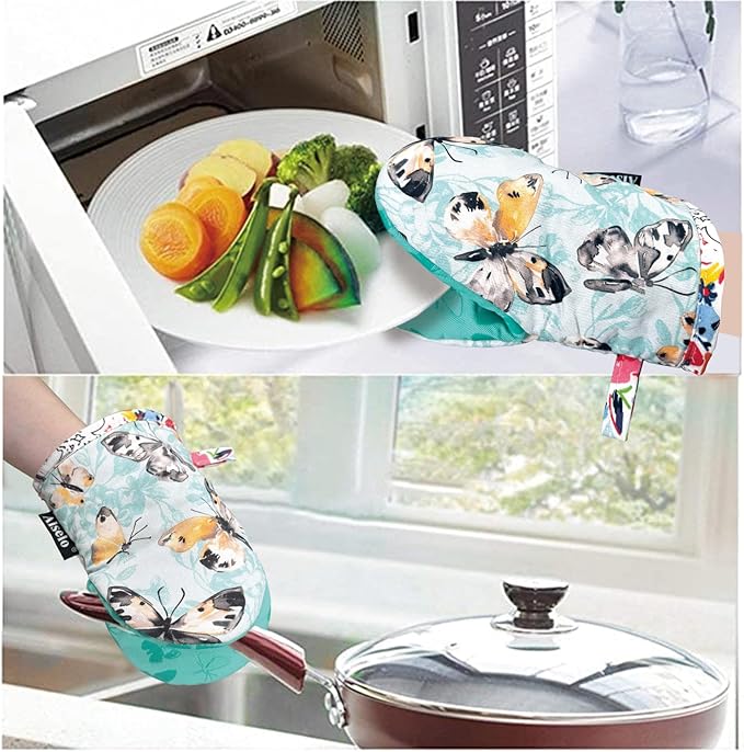 Alselo Mini Oven Mitts,2pk - Silicone Little Kitchen Gloves, Heat Resistant with Non-Slip Grip and Soft Quilted Cotton Lining for Safe Backing Cooking Barbecue (Turquoise, Butterfly)