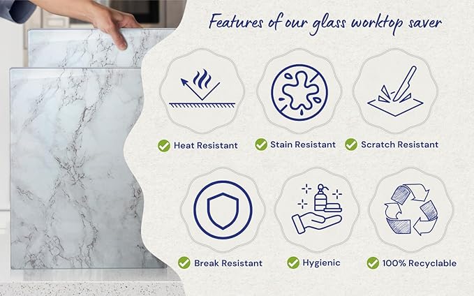 Kitchenville Glass Cutting Board 16"x12": Tempered Glass Kitchen Counter Protector - Durable- Scratch-Resistant, Heat-Proof - Design 3 - Grey Marble Effect
