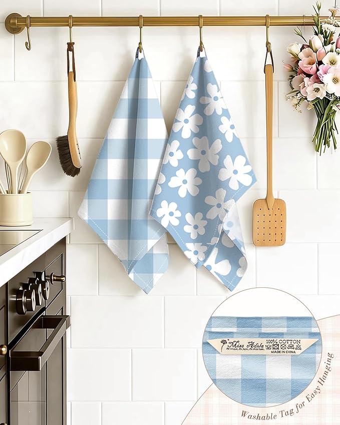 Miss Adola 2pcs Flour Sack Kitchen Towels - 18"x 26" Cotton Kitchen Hand Towels with Hanging Loop Reusable Geometric Blue Velvet Farmhouse Plaid Tea Towel Absorbent Dishcloths Home Decor, Blue Daisy