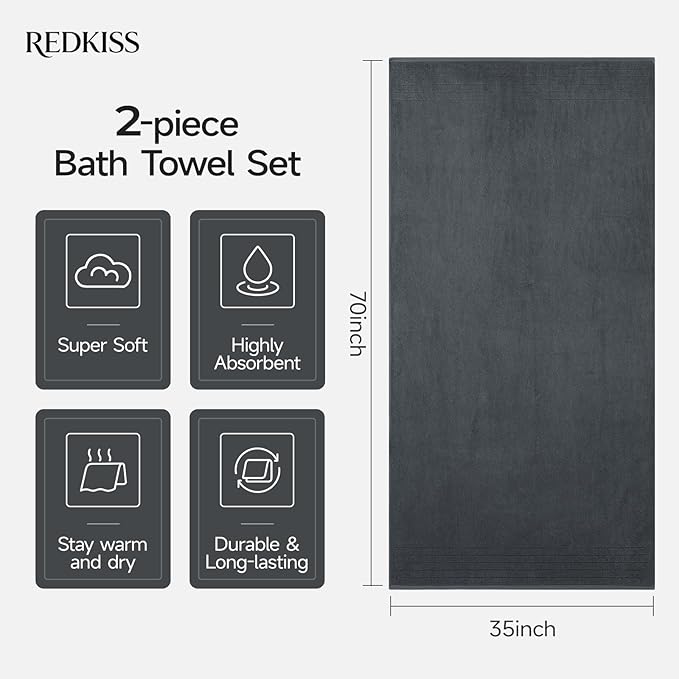 REDKISS 2 Pack 100% Cotton Thick Extra Large Bath Towels 35 X 70 Inches, Quick Dry, Ultra Soft & Highly Absorbent Gray Bathroom Towel Sets for Bathroom, Gym, Spa, Pool & Hotel