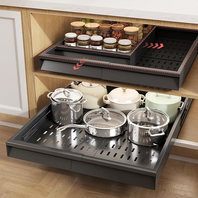 Seinloes 2 Pack Pull Out Cabinet Organizer With Raising Pad for Framed Cabinets,Expandable Width (13"-21") and Depth (17"-24"),3 Slide Rails Slide Out Drawers with Handle,No-Drill Roll Out Shelf,Black