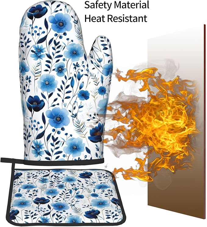 Blue Floral Oven Mitts and Pot Holders Sets of 3, Heat Resistant Cute Decorative Blue Flowers Kitchen Gloves and Hot Pad for Home Cooking Baking Grilling, Baking Gifts for Women, Holiday Kitchen Decor