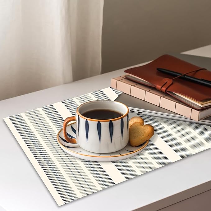 Set of 4 Striped Prints Placemats, 12 x 18 Inch Rectangle Table Mats, Linen Fabric Placemat for Indoor & Outdoor Kitchen Dining Home Decor -01