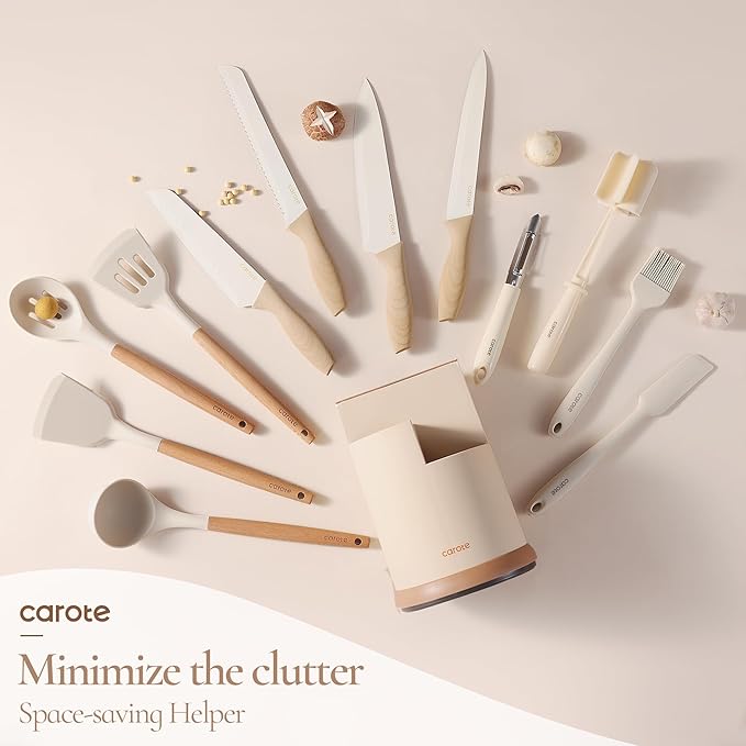 CAROTE 13Pcs Kitchen Utensils Set with 360 Rotating Knife Block, Heat Resistant Cooking Utensils with Wooden Handle, Nonstick Ceramic Surface, Cream White