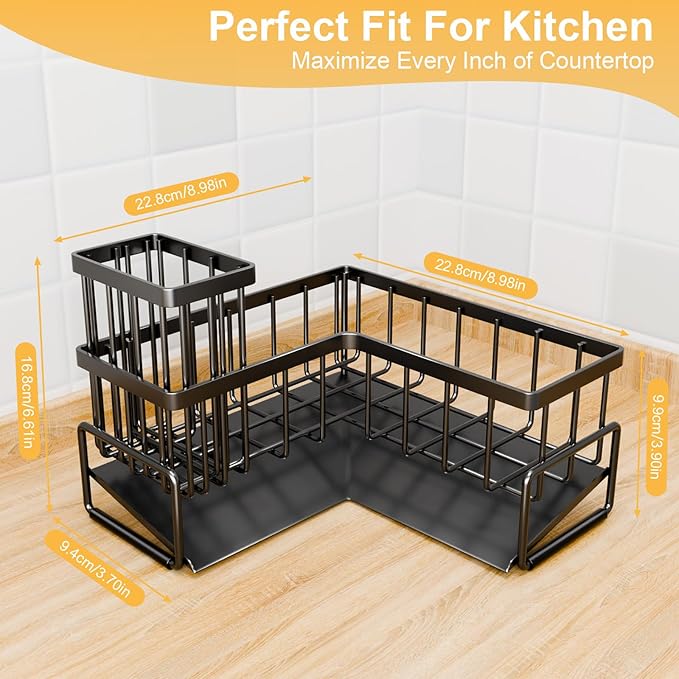 TEAMOLA L-Shaped Kitchen Sponge Holder, Extra Large Sponge Caddy for Sink, Black Sponge Caddy for Kitchen with Brush Holder, Metal Kitchen Countertop Organizer Essentials for Sink Sponge Caddy