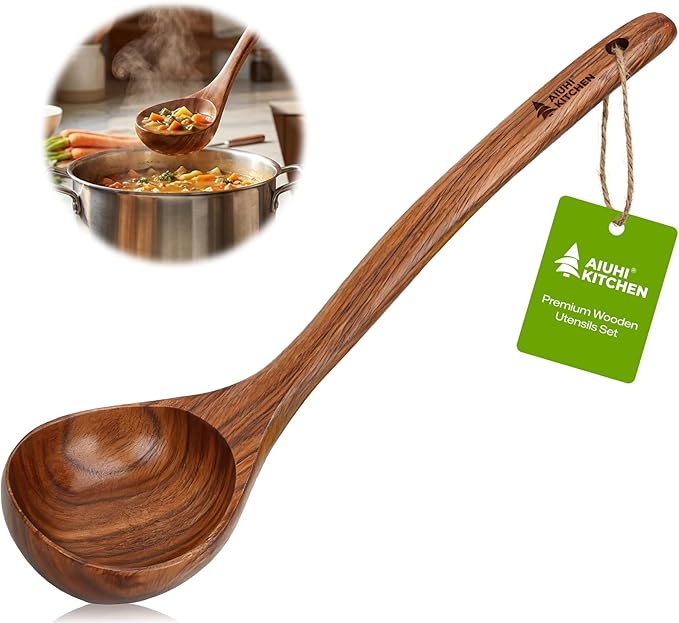 AIUHI 12.6″ Larger Wooden Ladle for Cooking, Long Handle Soup Spoon, Durable & Non-stick Teak Wood Ladle Spoon