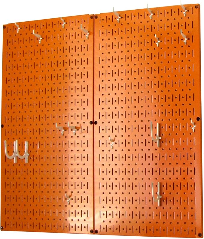 Wall Control Kitchen Pegboard Organizer Pots and Pans Storage Rack Organization Kit with Orange Pegboard and White Accessories